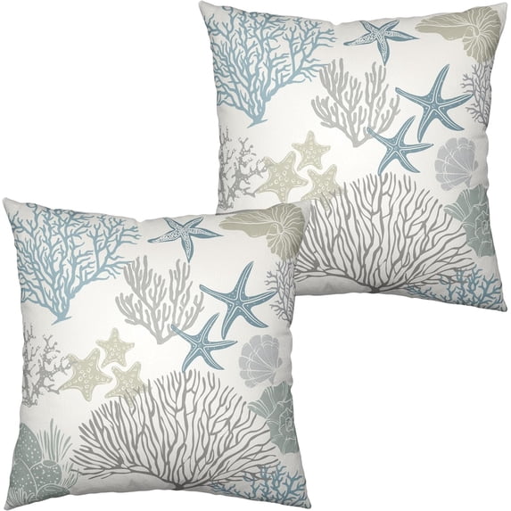 Summer Beachy Pillow Covers 16x16 Set of 2 Coastal Coral Throw Pillow Covers Seashell Starfish Pillow Case for Living Room Bedroom Home Decor, Cotton Linen