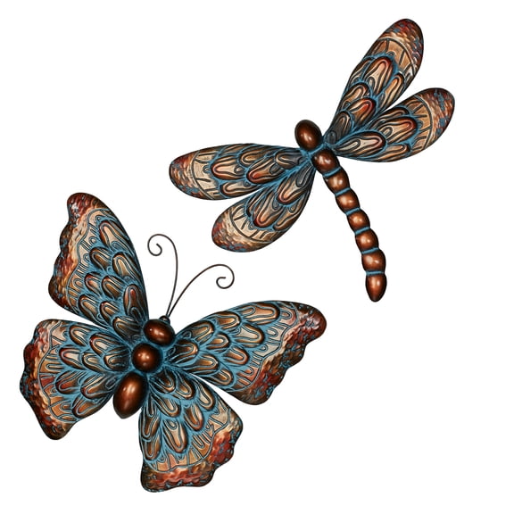 Summer Beauties Butterfly & Dragonfly Metal Wall Art Set of 2, Hand-Finished Copper & Blue