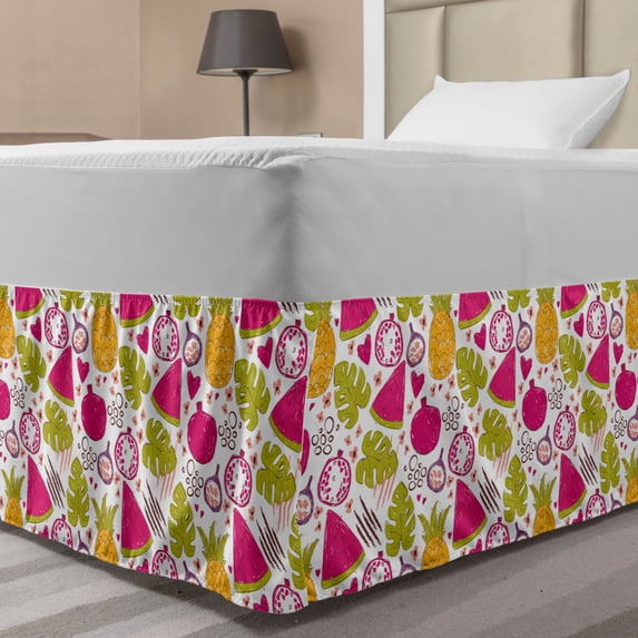 Summer Bed Skirt, Illustration of Doodle Style Scribbled Exotic Fruits and Leaves, Elastic Bedskirt Dust Ruffle Wrap Around for Bedding Decor, 4 Sizes, Pink Green, by Ambesonne