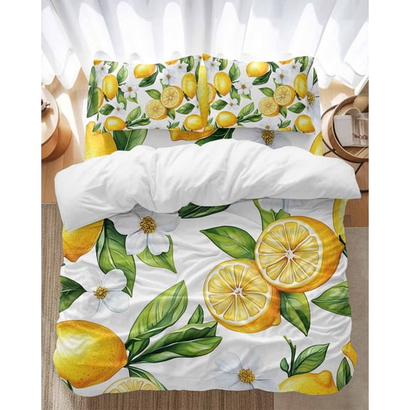 Summer Bedding Duvet Cover Set Queen Size 4 Pieces Lemon Jasmine Floral Leaves Watercolor Fruit Bedding Set with Zipper Closure, 1 Comforter Cover 90x92 Inches 1 Flat Sheet & 2 Pillow Cases