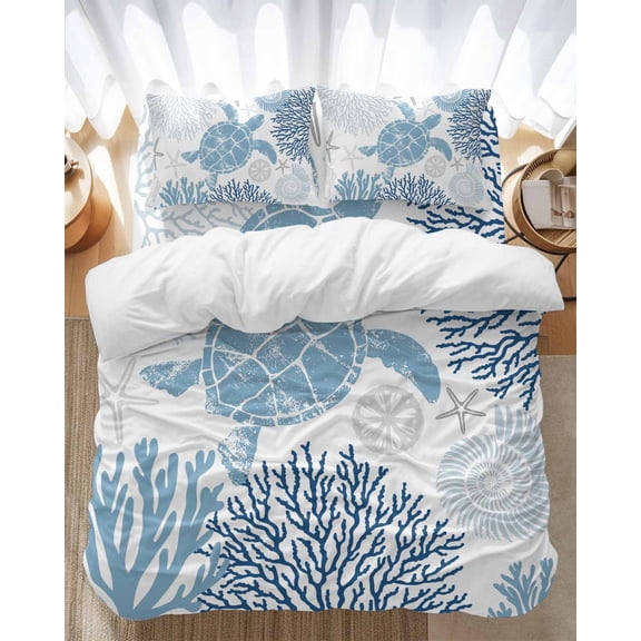 Summer Bedding Duvet Cover Set Twin Size 4 Pieces Navy Blue Grey Coastal Ocean Sea Turtle Coral Seashell Bedding Set with Zipper Closure, 1 Comforter Cover 68x86 Inches 1 Flat Sheet & 2 Pillow Cases