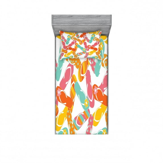 Summer Bedding Set with Sheet & Covers, Colorful Bunch Flip Flops Sandals Pattern Relax Holiday Sunbath Theme Groovy Graphic, Printed Bedroom Decor 2 Shams, 4 Sizes, Multicolor, by Ambesonne