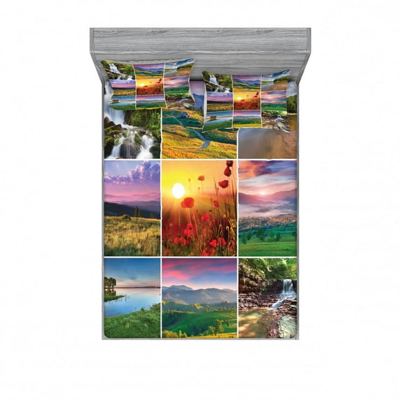 Summer Bedding Set with Sheet & Covers, Summer Landscapes Waterfall Blooming Flowers Purple Sunshine Natural Paradise, Printed Bedroom Decor 2 Shams, 4 Sizes, Red Yellow Green, by Ambesonne