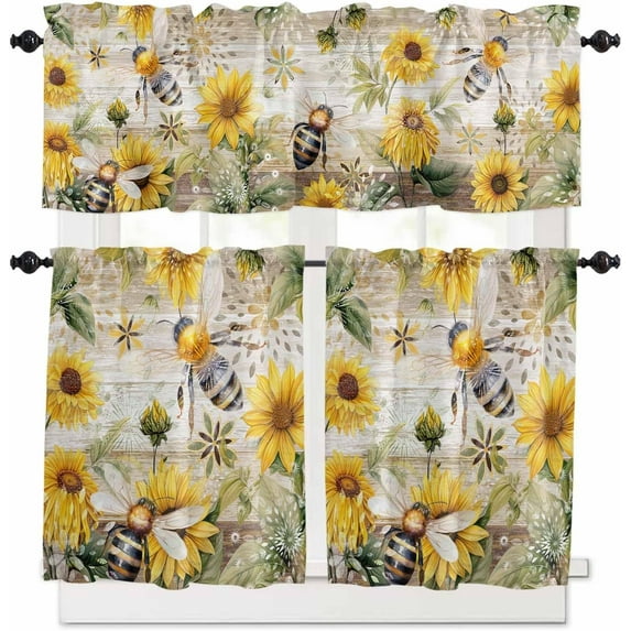 Summer Bee Daisy Kitchen Curtains and Valances Set, Rod Pocket Curtains Tier Farmhouse Window Curtains 24 Inch Length, Farmhouse Floral Rustic Brown Wooden 3 Piece Kitchen Curtains Set