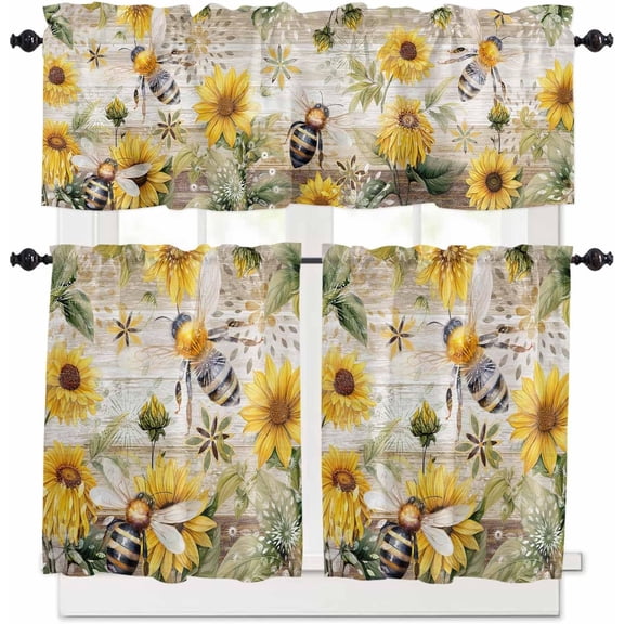 Summer Bee Daisy Kitchen Curtains and Valances Set, Rod Pocket Curtains Tier Farmhouse Window Curtains 36 Inch Length, Farmhouse Floral Rustic Brown Wooden 3 Piece Kitchen Curtains Set