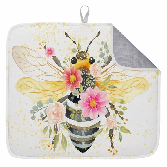 Summer Bee Dish Drying Mat for Kitchen Counter, Spring Floral Botanical Watercolor Dish Mat Drying Kitchen Mat for Sink Fridge Drawer Absorbent Dishes Drainer Mats Microfiber Drying Pad 1pcs 16"x18"