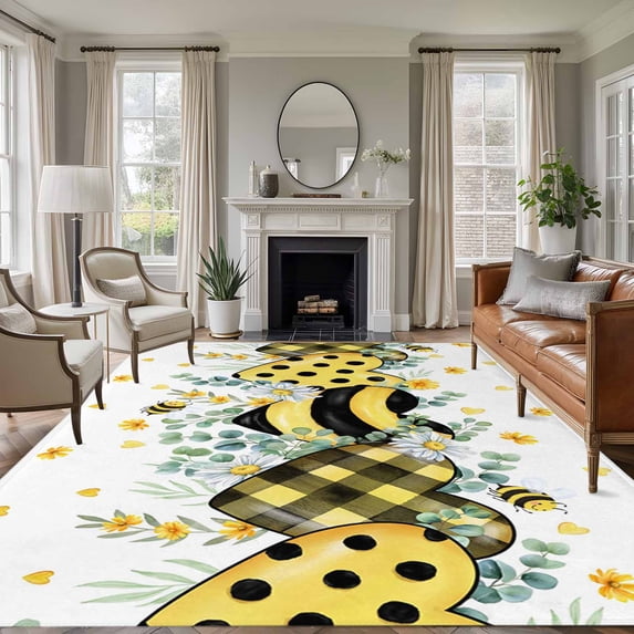 Summer Bee Love Area Rugs 6'x9', Washable Small Throw Rugs for Kitchen Dining room, Daisy Floral Eucalyptus Leaves Rustic Indoor Outdoor Rug Non-Slip Low Pile Carpet Runner Reversible Floor Mats