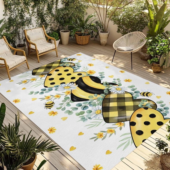 Summer Bee Love Outdoor Rug for Patio/Deck/Porch, Non-Slip Large Area Rug 5 x 8 Ft, Daisy Floral Eucalyptus Leaves Rustic Indoor Outdoor Rugs Washable Area Rugs, Reversible Camping Rug Carpet Runner