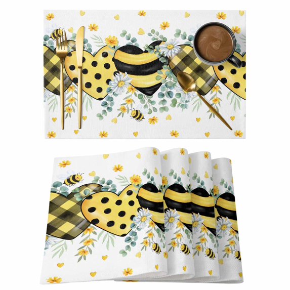 Summer Bee Love Placemats Set of 6, Daisy Floral Eucalyptus Leaves Rustic Placemats for Dining Table, Place Mats for Kitchen Tabletop, Waterproof Wipeable Dining Table Mats Set