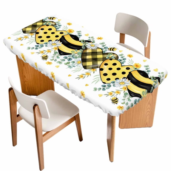 Summer Bee Love Table Cloths for 6 Foot Rectangle Tables, Daisy Floral Eucalyptus Leaves Rustic Patio Waterproof Elastic Fitted Tablecloths, Washable Rectangular Table Cover for Camping