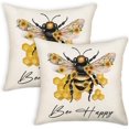 thumbnail image 1 of Summer Bee Pillow Covers 18x18 Inch Bee Happy Throw Pillow Covers Farmhouse Sunflowers Honey Bee Decorative Pillowcase Linen Cushion Cover for Home Couch Sofa Patio Bedroom Livingroom Set of 2, 1 of 5
