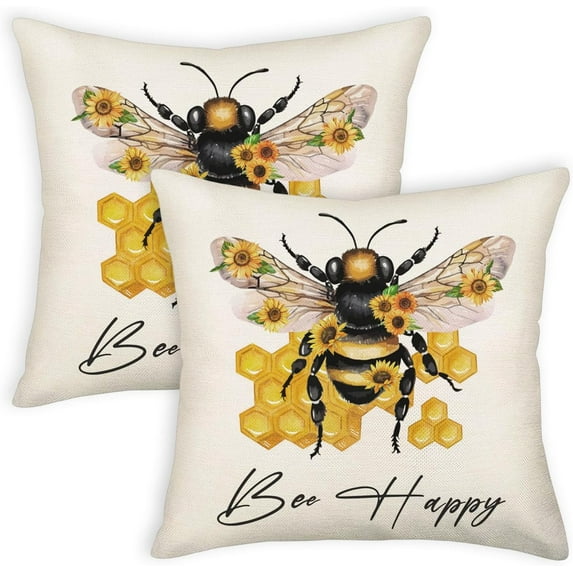 Summer Bee Pillow Covers 18x18 Inch Bee Happy Throw Pillow Covers Farmhouse Sunflowers Honey Bee Decorative Pillowcase Linen Cushion Cover for Home Couch Sofa Patio Bedroom Livingroom Set of 2