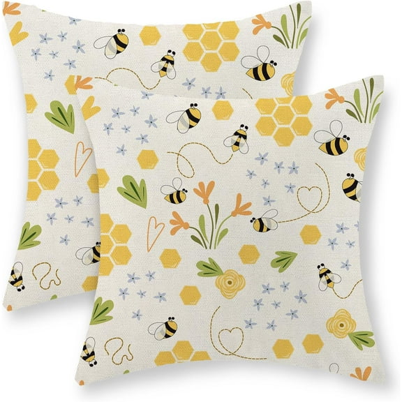 Summer Bee Pillow Covers 18x18 Inch Set of 2, Yellow Honey Bee Decorations Throw Pillows Spring Outdoor Pillowcase Linen Bee Kind Floral Decor Farmhouse Summer Cushion Case for Couch Home Sofa