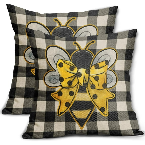Summer Bee Pillow Covers 18x18 Inch Yellow Bee Polka Dots Outdoor Decorative Throw Pillows Set of 2 Spring Black White Buffalo Plaid Pillowcases Farmhouse Cotton Linen Cushion Covers for Couch Decor