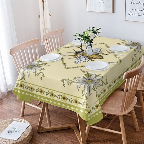 Summer Bee Rectangle/Square/Round Waterproof Tablecloths 60x102 inch White Spring Floral Botanical Green Polyester Table Cloth Table Cover Tabletop Decorations for Wedding Party Dinner