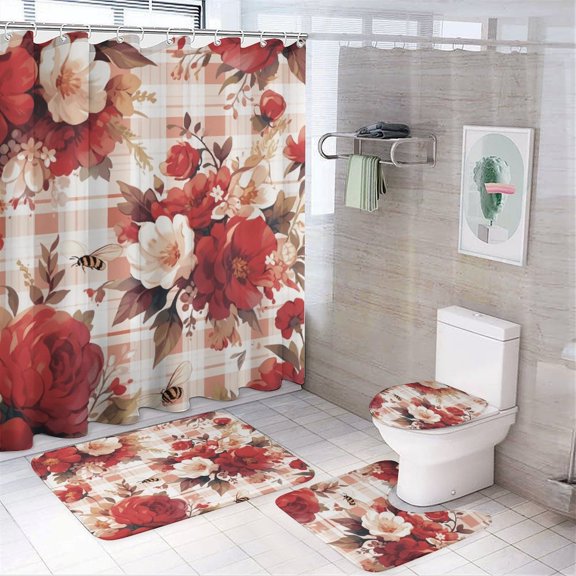 Summer Bee Red Floral Buffalo Plaid 4 Piece Bathroom Rug Set with Shower Curtain with Non-Slip Rugs Toilet Lid Cover And Bath Mat Welcome Spring Floral Bee Holiday Waterproof Shower Curtain