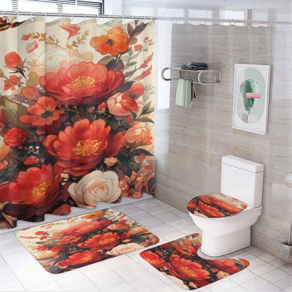 Summer Bee Red Floral Buffalo Plaid 4 Piece Decor Shower Curtains Sets Shower Curtain And Rugs Shower Curtain Set Welcome Spring Floral Bee Holiday Waterproof Shower Curtain for Bathroom Decor
