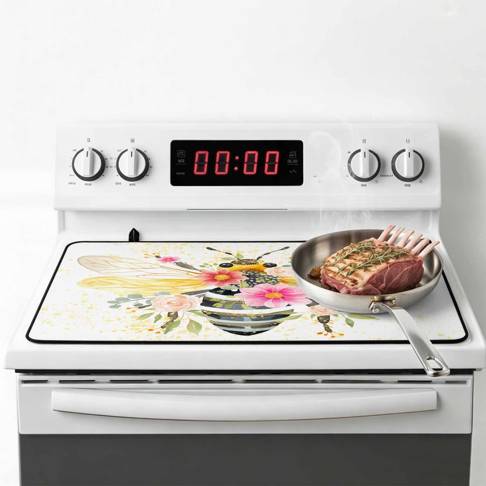 Summer Bee Stove Top Cover for Electric Stove, Heat-proof & Non Slip Glass Top Stove Cover Protector, Spring Floral Botanical Watercolor Kitchen Flat Cooktop Rubber Mat 24x21 Inches