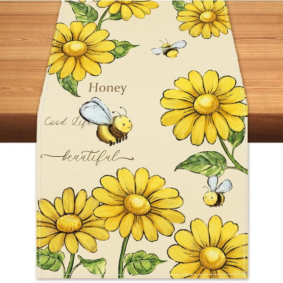 Summer Bee Sunflower Table Runner Home Sweet Home Burlap Table Runners, Spring Rustic Yellow Daisy Holiday Coffee Table Center Decor for Home Kitchen Dining Party Indoor Outdoor 13x72 Inch