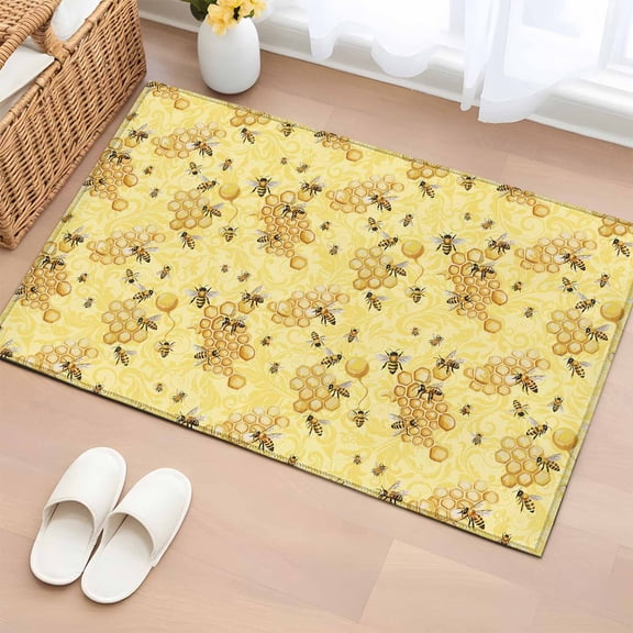 Summer Bees Entryway Rug 2'x3' Non Slip Front Door Mats, Pastoral Garden Yellow Honey Watercolor Entrance Rugs Indoor Outdoor Carpet, Washable Floor Mats Small Area Rug for Bedroom Kitchen