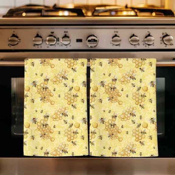 Summer Bees Kitchen Towels Set of 1, Pastoral Garden Yellow Honey Watercolor Absorbent Dish Towels for Kitchen, Microfiber Hand Towel, Quick Drying Tea Towel for Cleaning Decorative Dishcloths