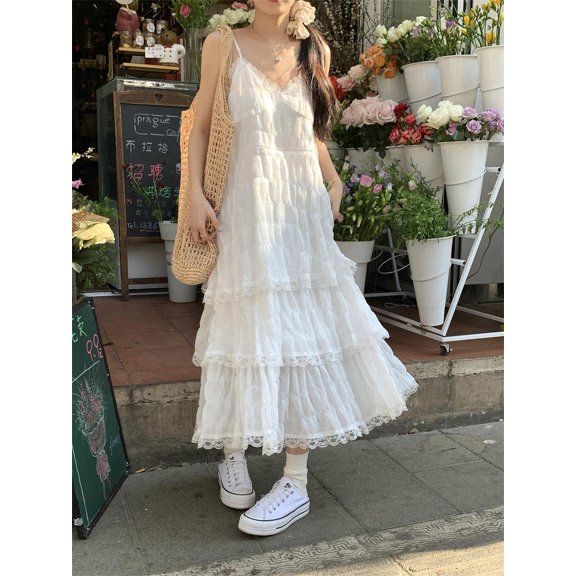 Summer Befree Long Vintage Casual Ruffles Elegant Maxi Strap Camis Silky Beach Lace Elegant Party Dress Vestidos Sexy Women