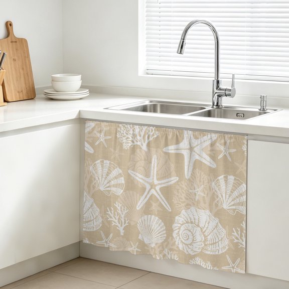 Summer Beige Ocean Cabinet Curtains for Kitchen 10"W x 11"L, Coastal Nautical Sea Beach Starfish Seashell Coral Under Sink Skirt Magic Tape Short Curtain Decorative Privacy Panel for Bathroom Laundry