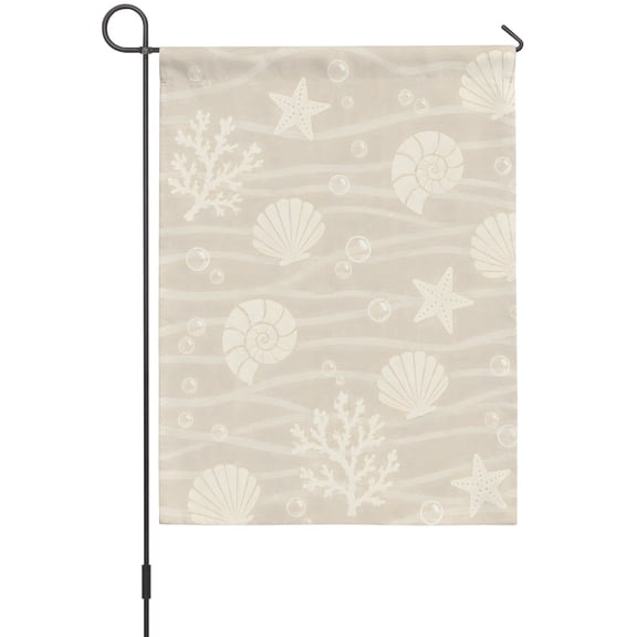 Summer Beige Ocean House Flags For Outdoor, Coastal Nautical Beach Sea Shell Starfish Coral Small Double Side Yard Flags Weather Proof House Decor for Lawn Outside Holiday 28 x 40 Inches