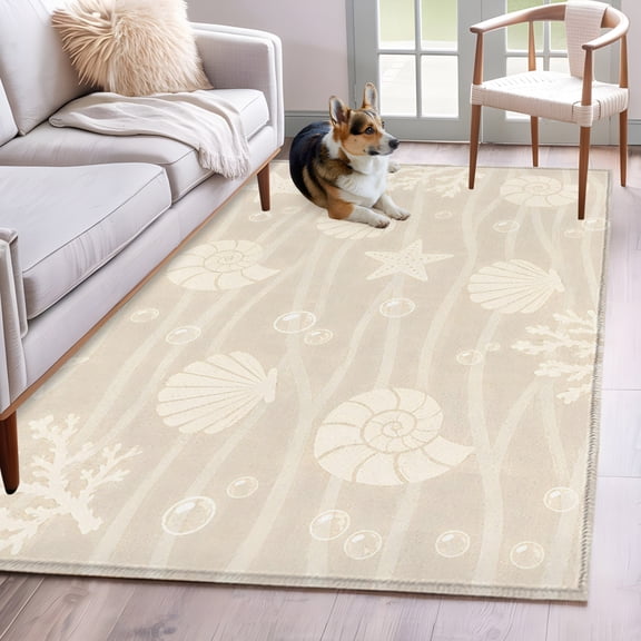 Summer Beige Ocean Washable Area Rug 3x5 Coastal Nautical Beach Sea Shell Starfish Coral Low-Profile Large Area Rugs Non Slip Backing Indoor Floor Carpet for Entrance Living Room Bedroom Home Office