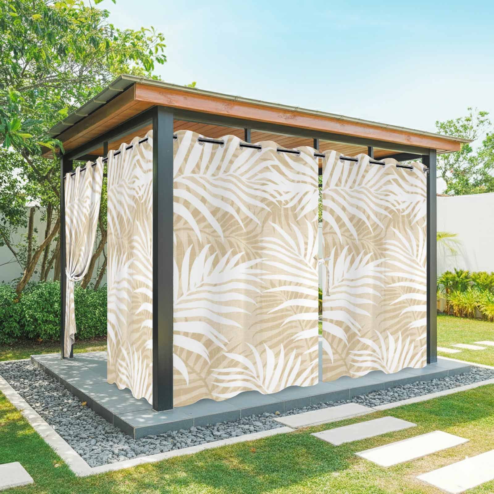 Summer Beige Palm Outdoor Curtains for Patio, Bohemian Country Watercolor Beige Leaf Abstract Stripe Sunshade Privacy Drapes Grommet Waterproof Outside Curtains for Porch Balcony 54"x108", 1 Panel