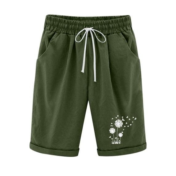 Summer Bermuda Shorts for Women 2023 Trendy Cotton Linen Knee Length Dandelion Shorts Casual Elastic Waist Long Shorts