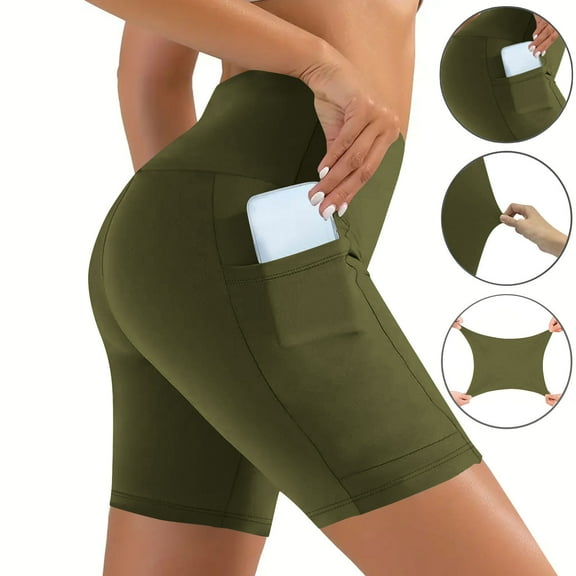 Summer Bermuda Shorts for Women Trendy Women Workout Out Pocket Leggings Fitness Sports Running Yoga Athletic Pants Shorts Army Green Xl
