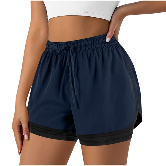 Summer Bermuda Shorts for Women Trendy Women's Shorts Casual Flowy Linen High Waist Drawstring Elastic Pockets Navy M