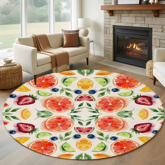 Summer Berries Large Round Rug 7Ft Mixed Citrus Fruit Kitchen Farm Strawberry Lemon Slices Circle Area Rugs Washable Non Slip Indoor Floor Mats Carpet for Living Room Bedroom Dining Room Home Decor