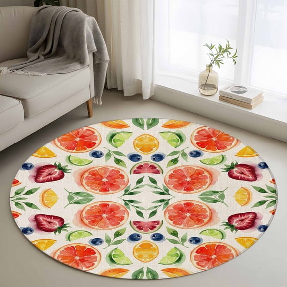 Summer Berries Round Rug 4Ft Mixed Citrus Fruit Kitchen Farm Strawberry Lemon Slices Circle Area Rugs Washable Non Slip Indoor Floor Mats Carpet for Living Room Bedroom Dining Room Home Decor