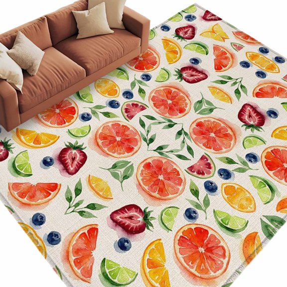 Summer Berries Washable Living Room Rugs 9'x12', Mixed Citrus Fruit Kitchen Farm Strawberry Lemon Slices Low Pile Throw Large Area Rug Non-Slip Edge Binding Carpet for Bedroom Dining Room Office
