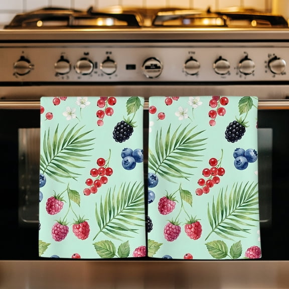 Summer Berry Kitchen Towels Set of 1, Botanical Blueberry Raspberry Flowers Leaves Absorbent Dish Towels for Kitchen, Microfiber Hand Towel, Quick Drying Tea Towel for Cleaning Decorative Dishcloths