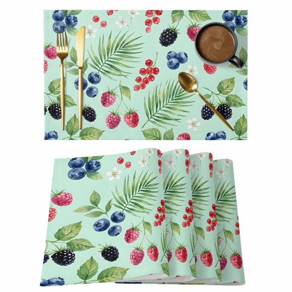 Summer Berry Placemats Set of 8 Botanical Blueberry Raspberry Flowers Leaves Place Mats Indoor Wipeable Table Mats Washable Dining Table Placemats for Kitchen Holiday Party Home Decor 13x19 Inch