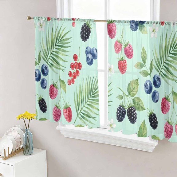 Summer Berry Sheer Curtains 45 Inch Length 2 Panels Set, Botanical Blueberry Raspberry Flowers Leaves Voile Window Treatment Rod Pocket Small Kitchen Curtains Drapes for Bedroom 52"x45"x2
