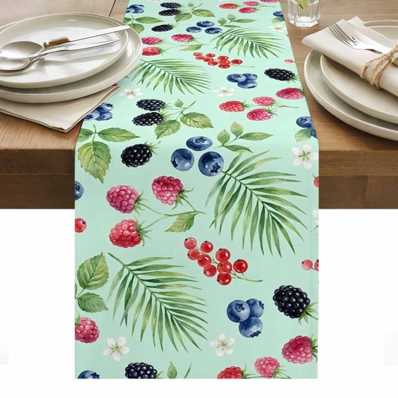Summer Berry Table Runner Botanical Blueberry Raspberry Flowers Leaves Tablerunners 13 x 70 Inch, Table Decorations Tabletop Scarf for Summer Gathering Holiday Farmhouse Kitchen Dining Decor