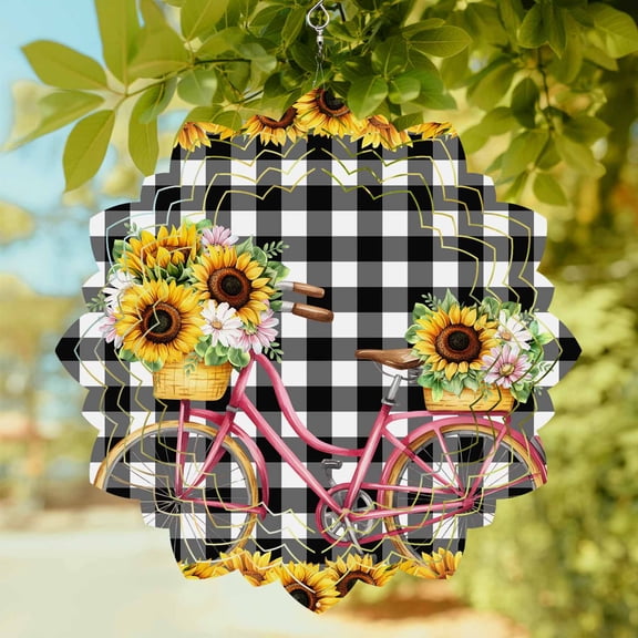 Summer Bicycle Sunflower Wind Spinner for Garden Yard 8In, Country Farm Yellow Flower Leaf Black Plaid 3D Stainless Steel Kinetic Hanging Wind Spinners Rustproof Outdoor Decor for Lawn Patio Home