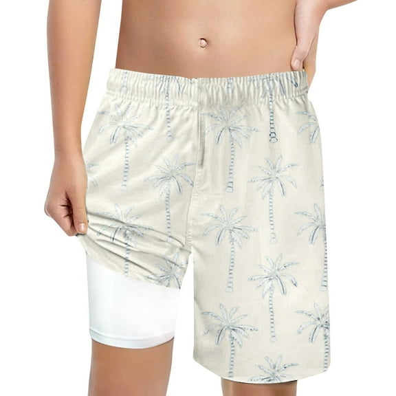 Summer Big Boys Swim Trunks Cartoon Print Swimming Swimsuit With Compression Liner High Waisted Loose Fit Casual Beach Bathing Suit Beige Youth Swimwear 14-16T