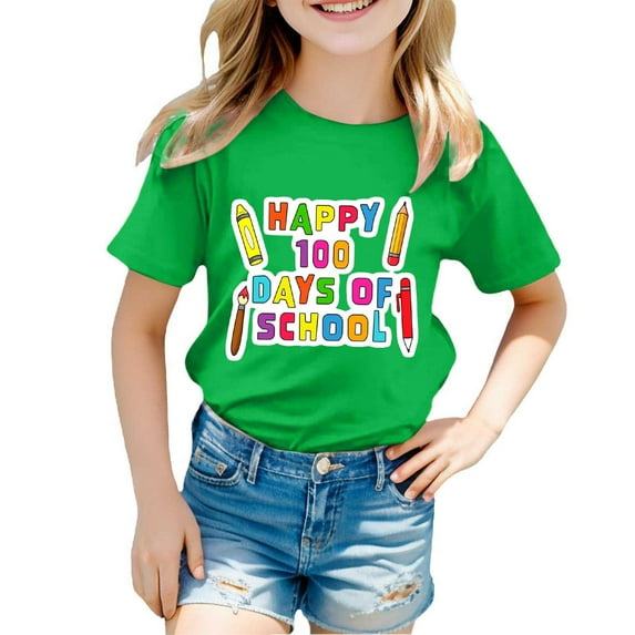 Summer Big Boys T Shirts 100 Days Of School Breathable Cartoon Print T Shirt Happy 100Th Day Pullover Top Green Athletic Performance Shirts 10-11T