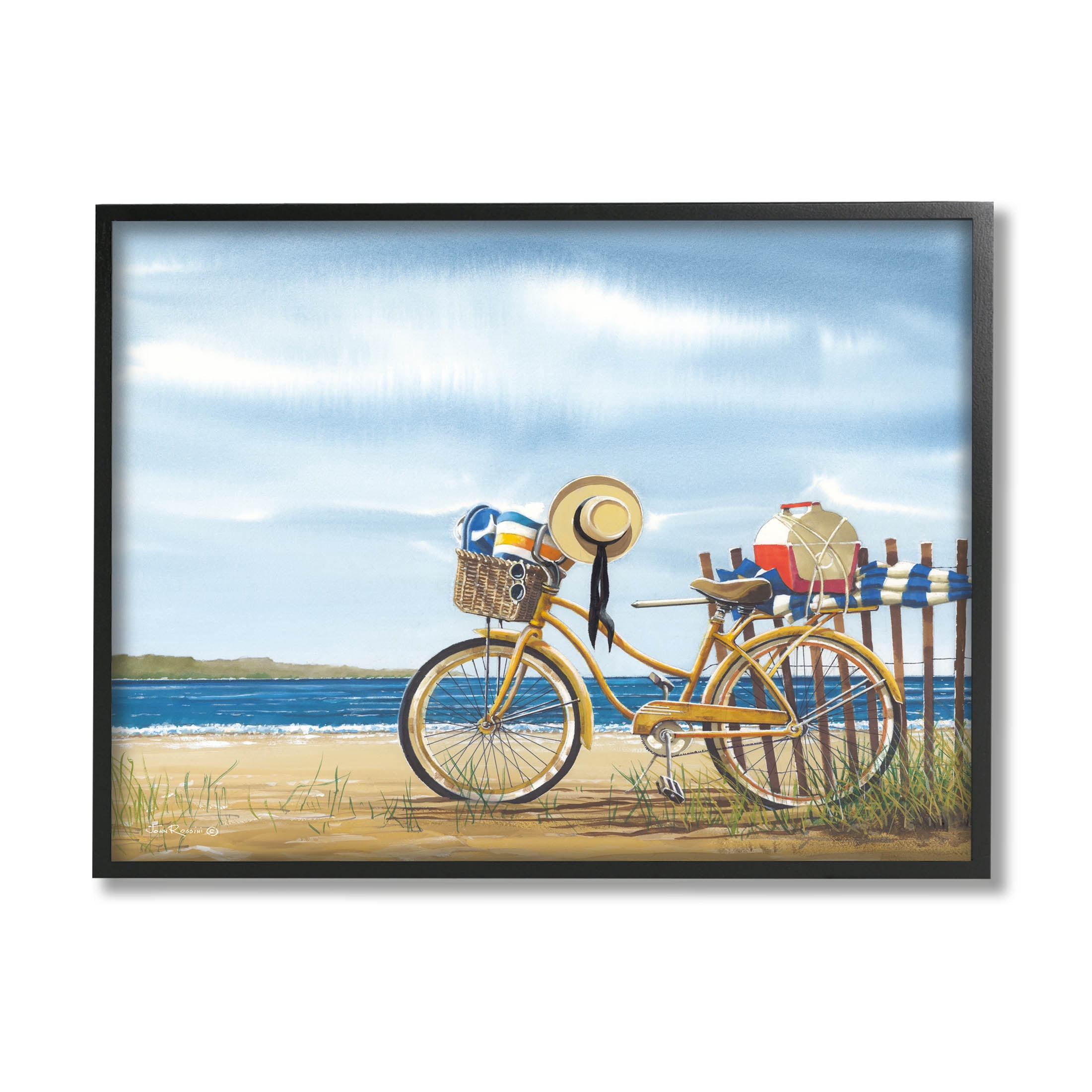 Summer Bike Beach Day Waves Coastal Painting Black Framed Art Print Wall Art