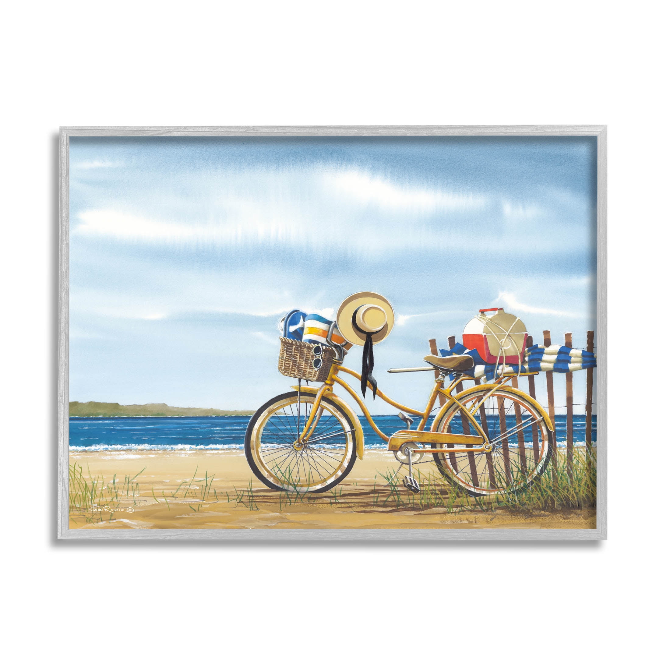 Summer Bike Beach Day Waves Coastal Painting Gray Framed Art Print Wall Art