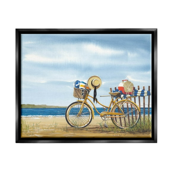 Summer Bike Beach Day Waves Coastal Painting Jet Black Framed Art Print Wall Art