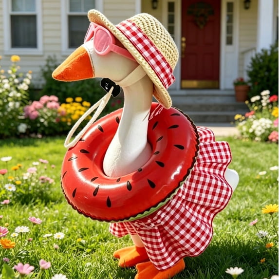 Summer Bikini Goose Outfit for 7 Inch Desktop Goose, Mini Beach Costume Set with Straw Hat Sunglasses Swim Ring, Cute Holiday Accessories