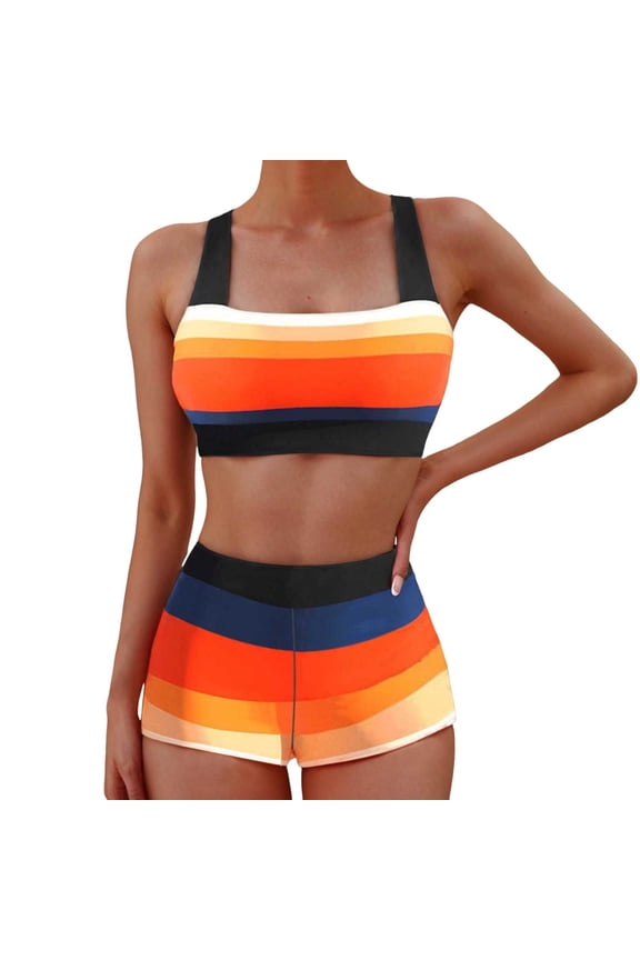 Summer Bikini Sets for Women Striped High Waist Bikini Set Two Piece Crop Top Swim Skirt Swimsuit Bralette Top Boyleg Orange XXL