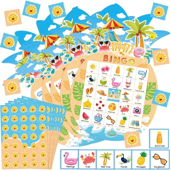 38pcs Hawaiian Bingo Games, Summer Bingo Game Set with Summer Bingo Cards Game Instruction, Summer Birthday Party Games for Hawaiian Beach Party Favors Supplies