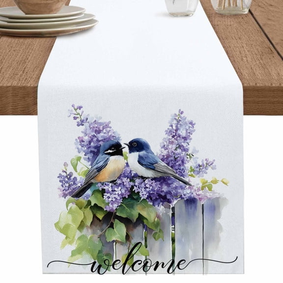 Summer Bird Purple Lavender Table Runner-36 Inch Long Watercolor Idyllic Flower Table Runners Linen Burlap Tablerunner for Kitchen Dining Room Holiday Party